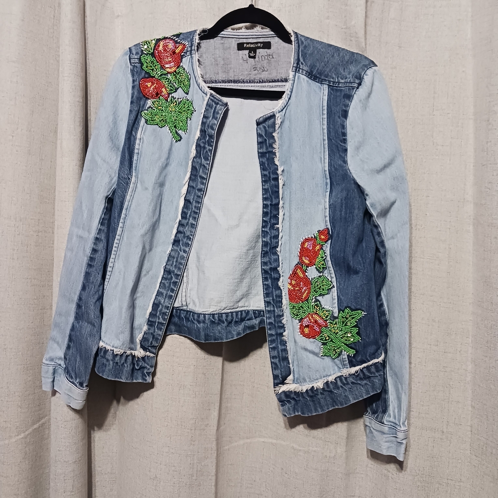 Vintage Floral Beaded Denim Jacket Size Large